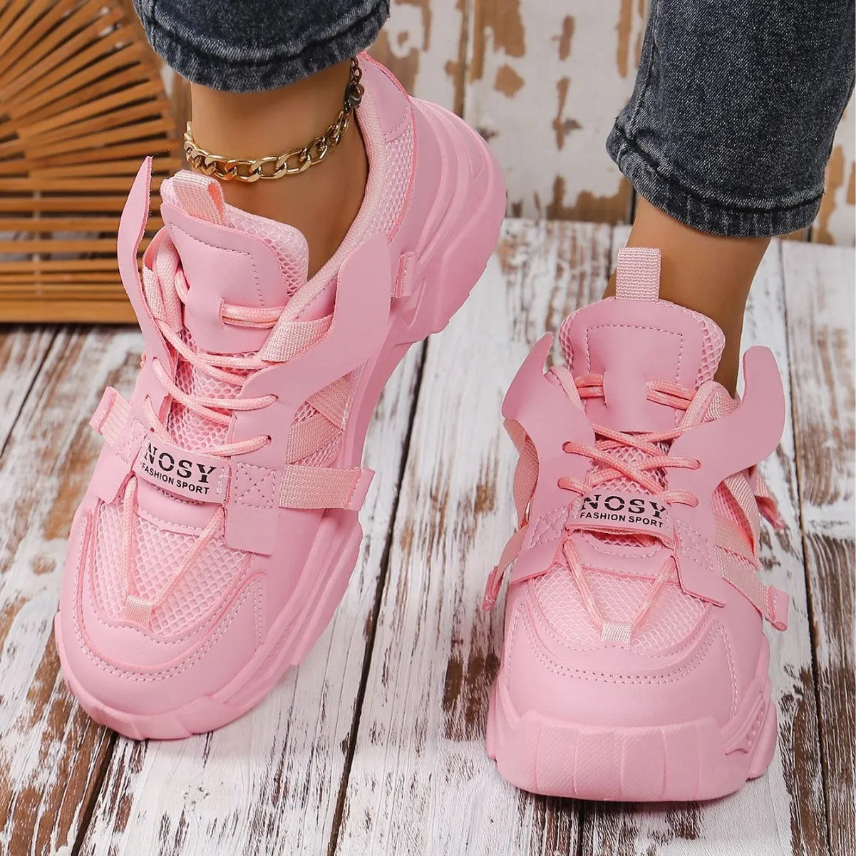 Women's purple platform mesh dad shoes with lace-up front and thick sole.