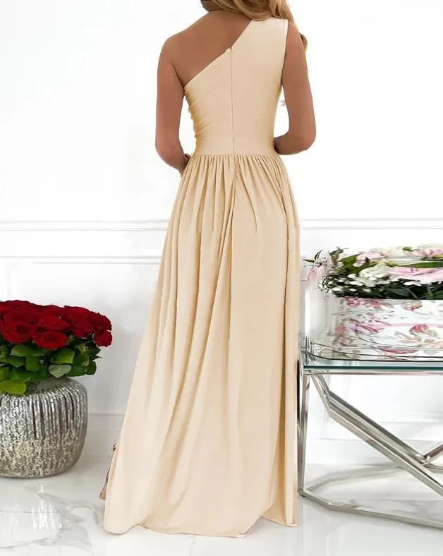 Women's apricot one shoulder sleeveless maxi dress with cutout and high split design.