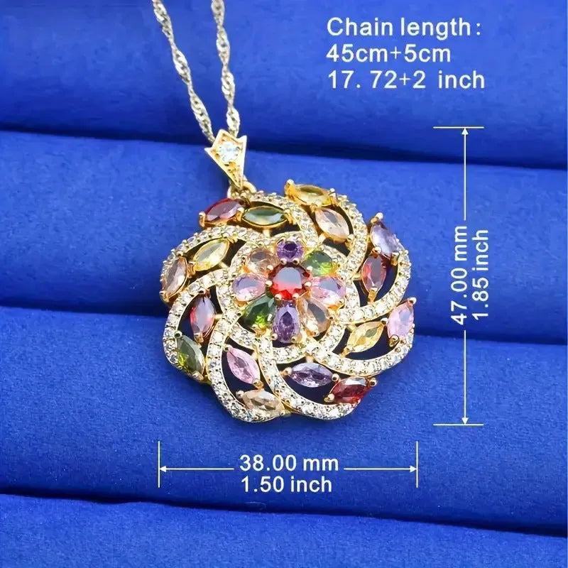 Spiral design colour zircon pendant necklace with real gold plated copper flower shape