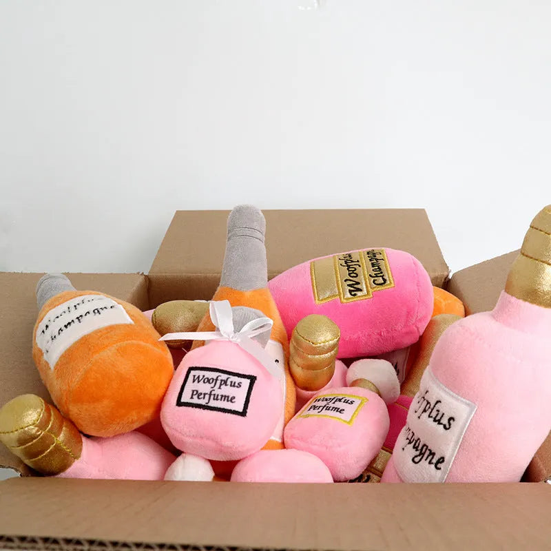 Plush wine bottle pet toy for dogs and cats in assorted colours