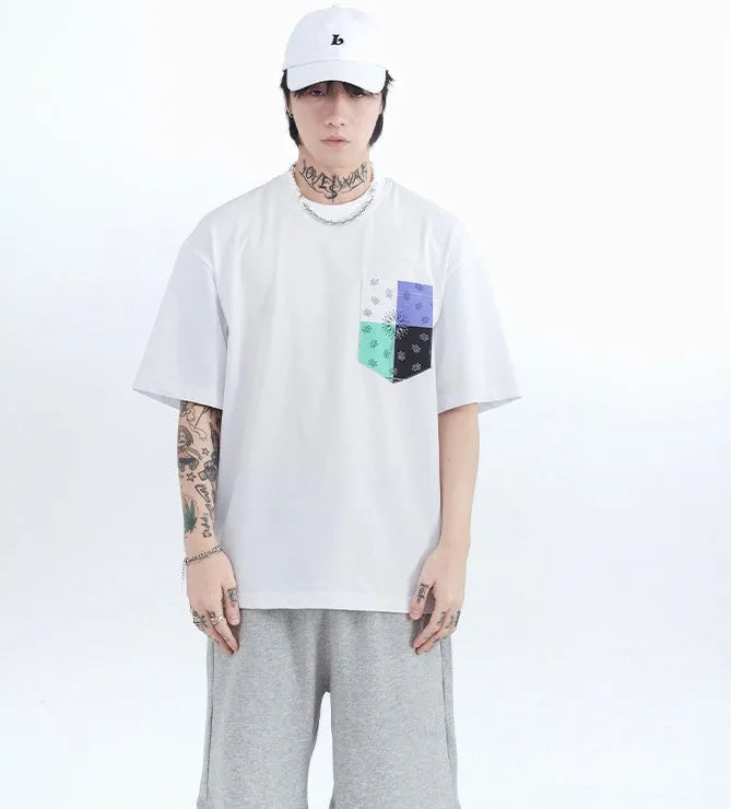 Men's printed short sleeve t-shirt in loose cotton stripe, black pullover