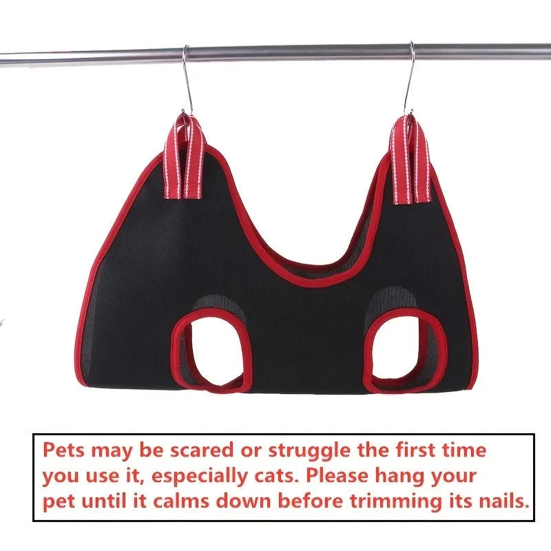 Pet grooming hammock restraint bag in four sizes hanging for cat and dog nail trimming and bathing.