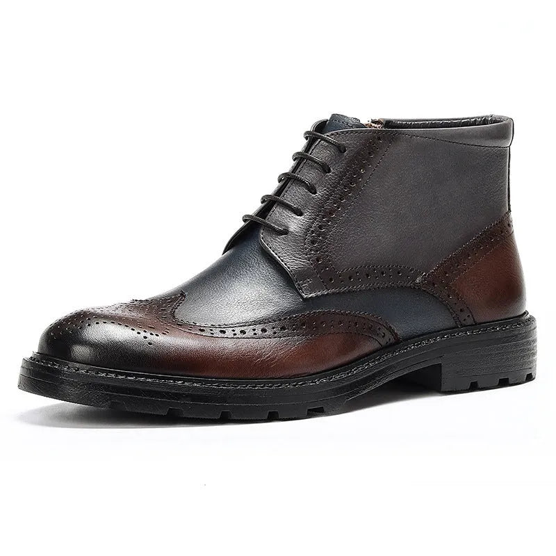 Coffee blue mens leather brogue boots with colour blocking and carved detail, shown from the side.
