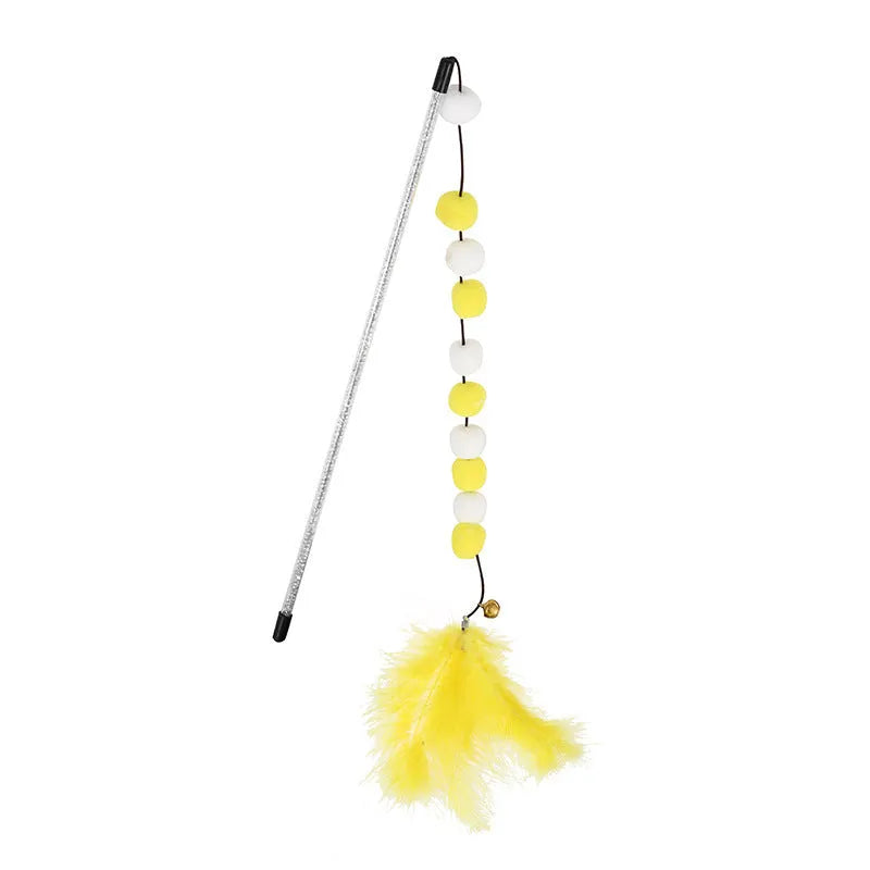31cm long cat teaser rod with colourful feather pompon and bell attachments
