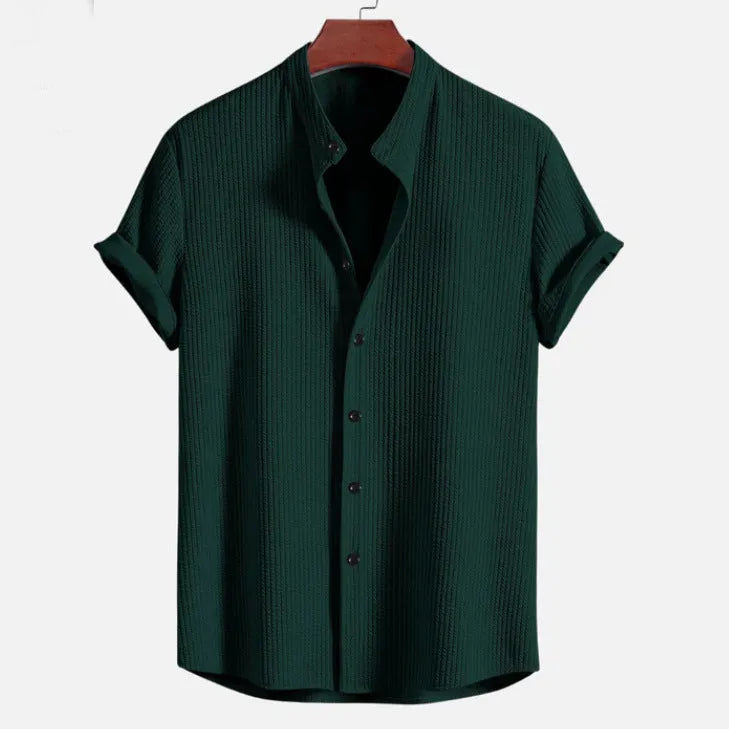 Men's loose fit short sleeve polyester shirt in multiple colour options showing Asian sizing