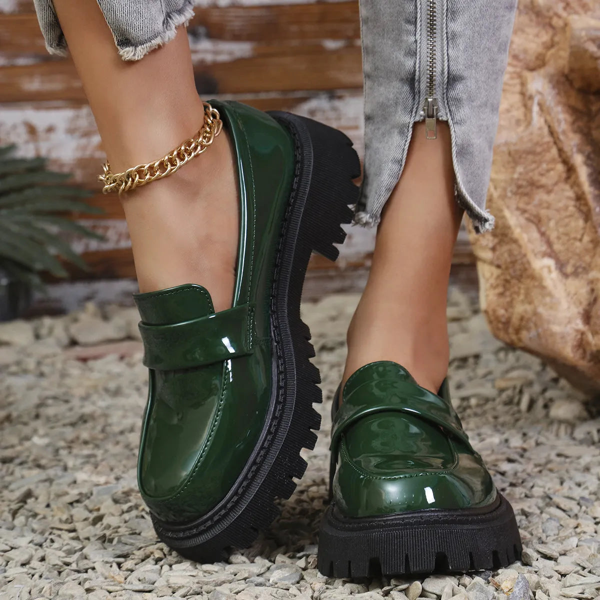 Plus size slip-on loafers with chunky platform heel in black, wine red or green colours