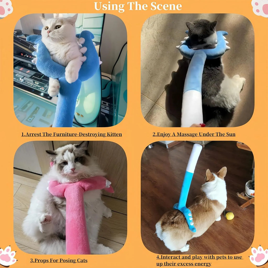 Blue and pink plush cat wand toys showing 70cm length with plush wrapping