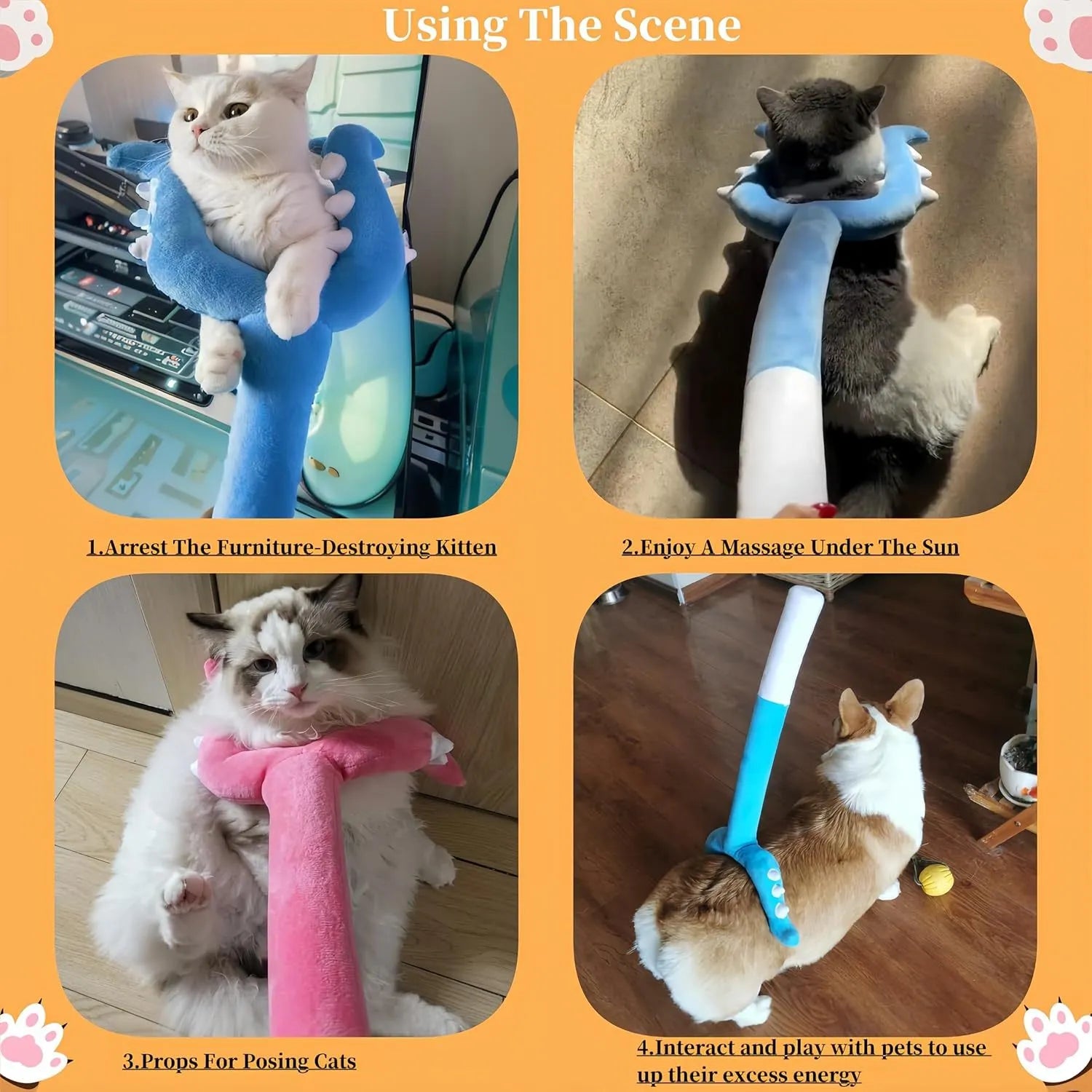 Blue and pink plush cat wand toys showing 70cm length with plush wrapping