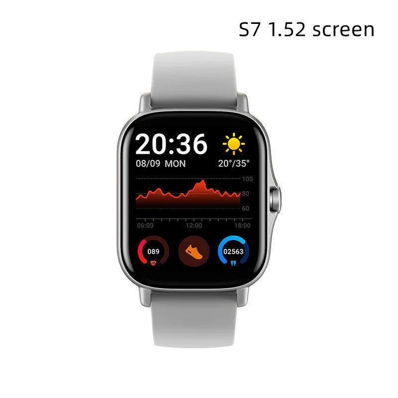 GT20 smart watch with black alloy case and silicone strap showing heart rate monitoring on screen