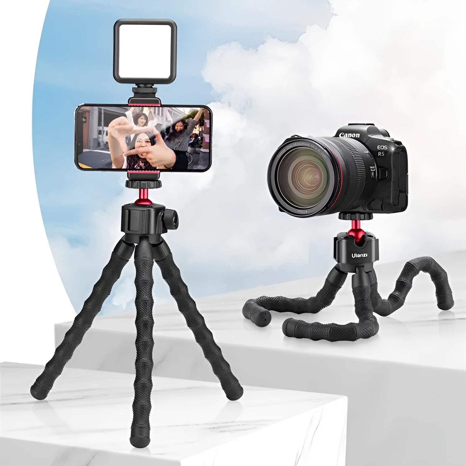 Smartphone mounted on an aluminium tripod with Bluetooth remote and cold shoe adapter for vlogging.
