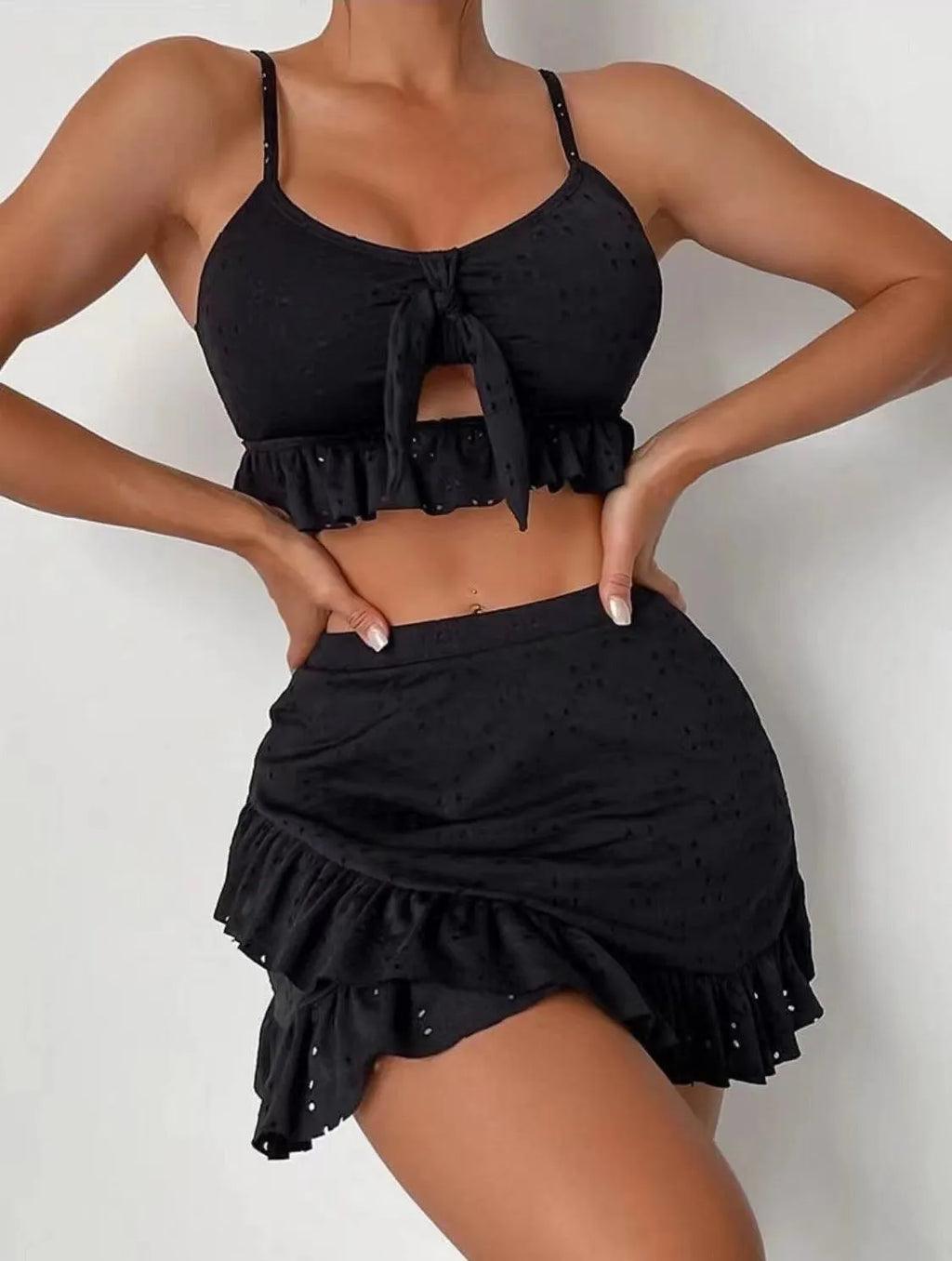 Women's solid colour three-piece bikini set with split hip skirt in multiple colour options