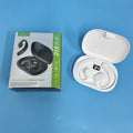 Black and white ear-mounted Bluetooth headset with digital display screen and breathing light indicator