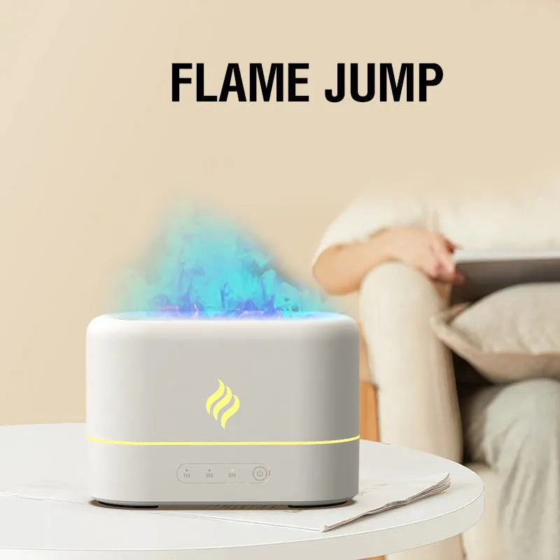 Black or white USB-powered humidifier with seven-colour flame light effect and mist output.