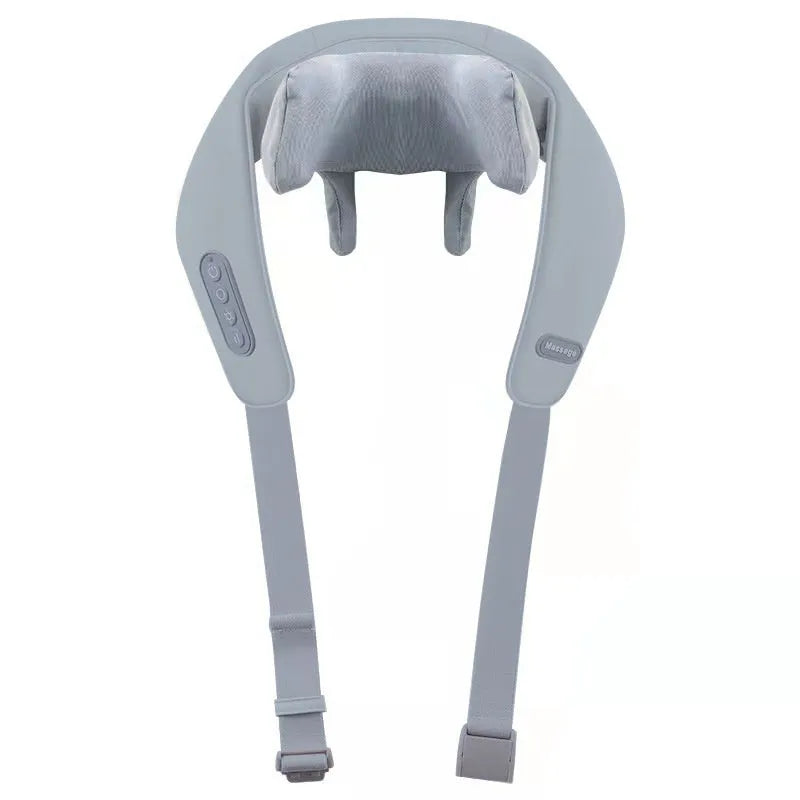 Grey elastic fabric portable massager with USB charging cable for neck back and waist infrared physiotherapy