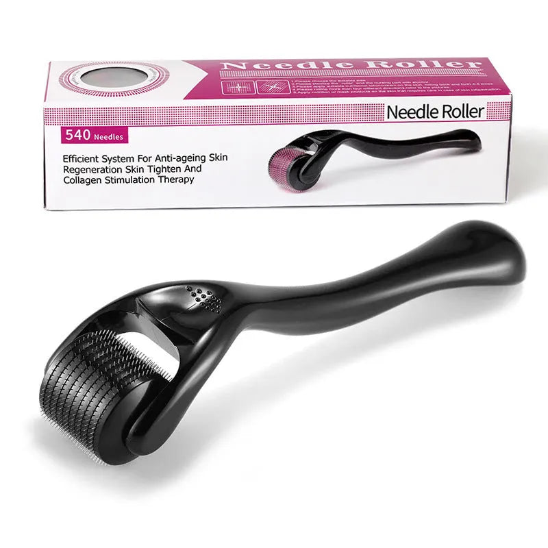 Black and purple derma rollers with titanium microneedles, showing different needle size options from 0.2mm to 1.0mm.