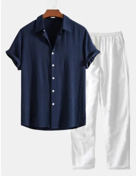 Cotton linen short sleeve casual suit set in navy blue with matching accessories for summer beachwear