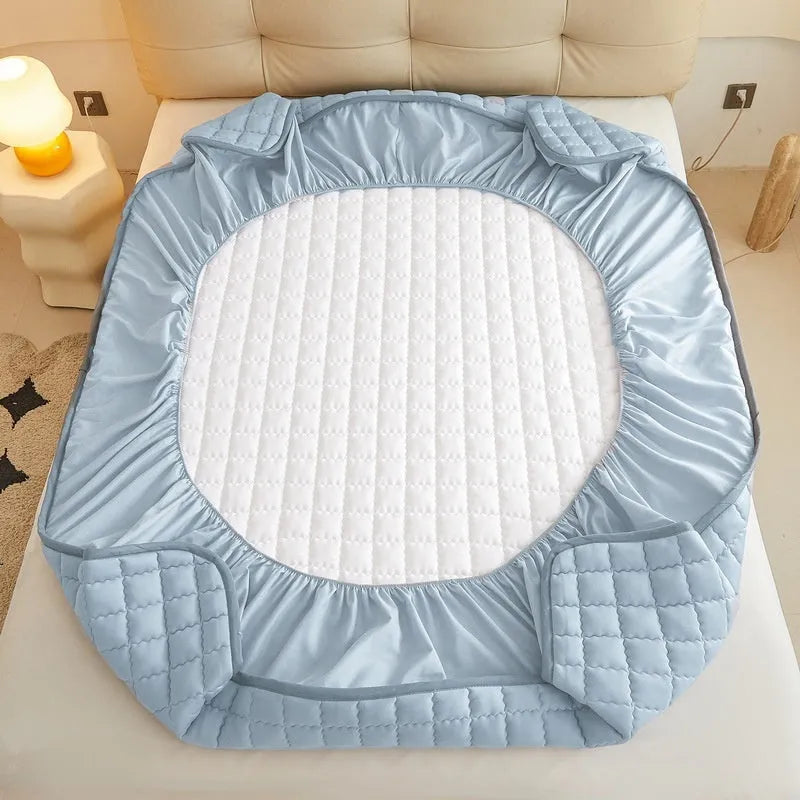 Cotton waterproof fitted sheet in blue colour with elasticated edges for mattress protection