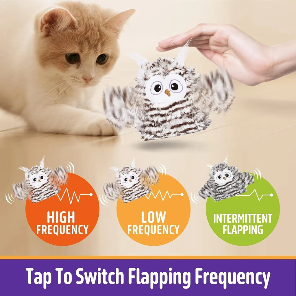 Grey automatic owl cat toy with flapping wings and USB charging cable