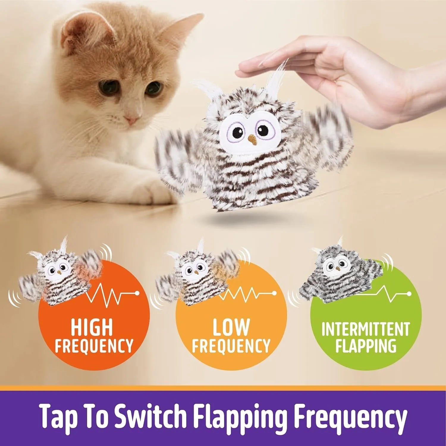 Grey automatic owl cat toy with flapping wings and USB charging cable