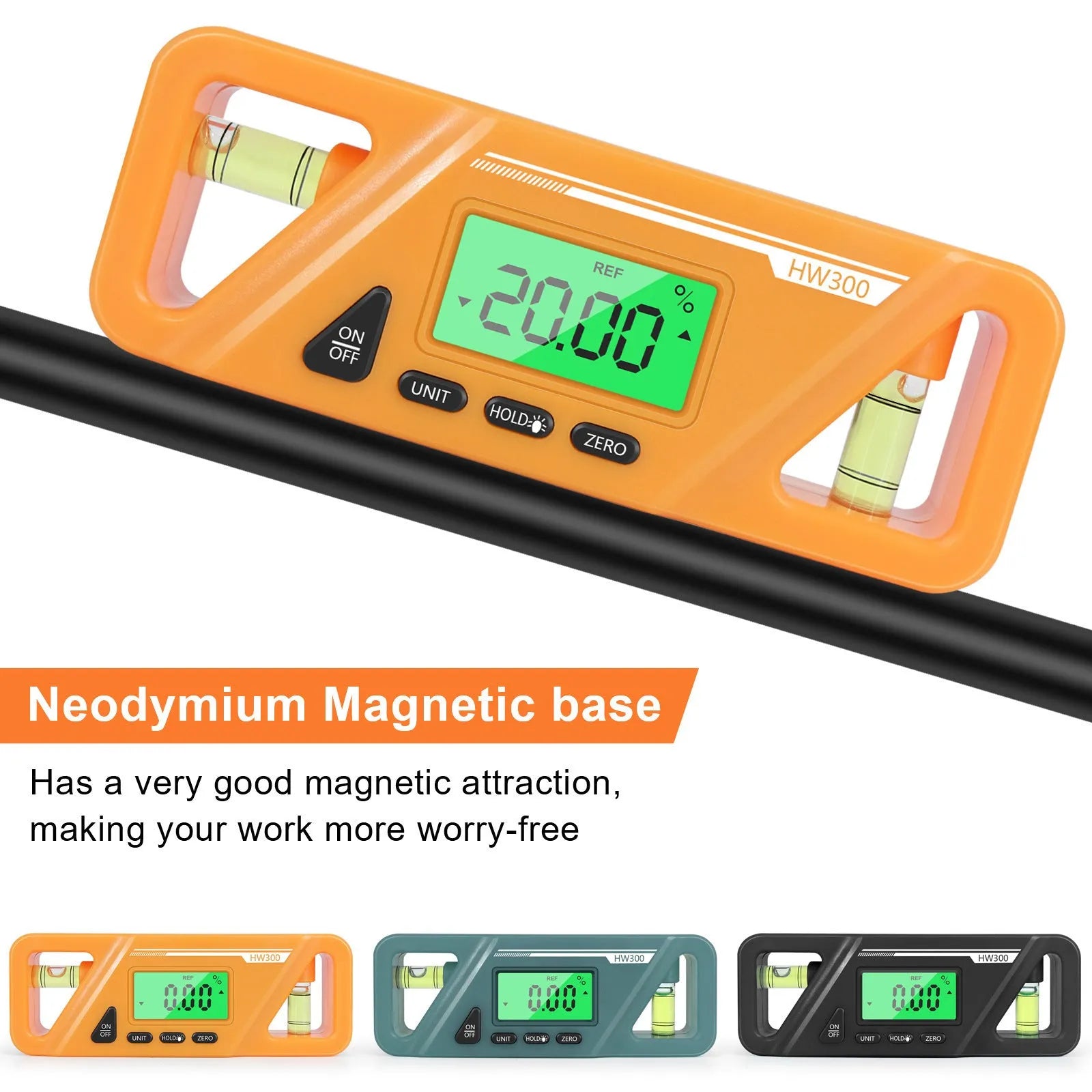 HW300 digital magnetic inclinometer level meter showing angle on display.