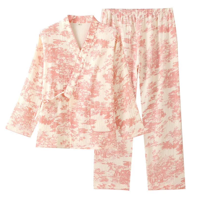Women's pure cotton gauze long sleeve trouser suit in frosted pine trees colour