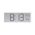 Simple large screen temperature and humidity clock in plastic with Nordic style, black colour, on a desk.