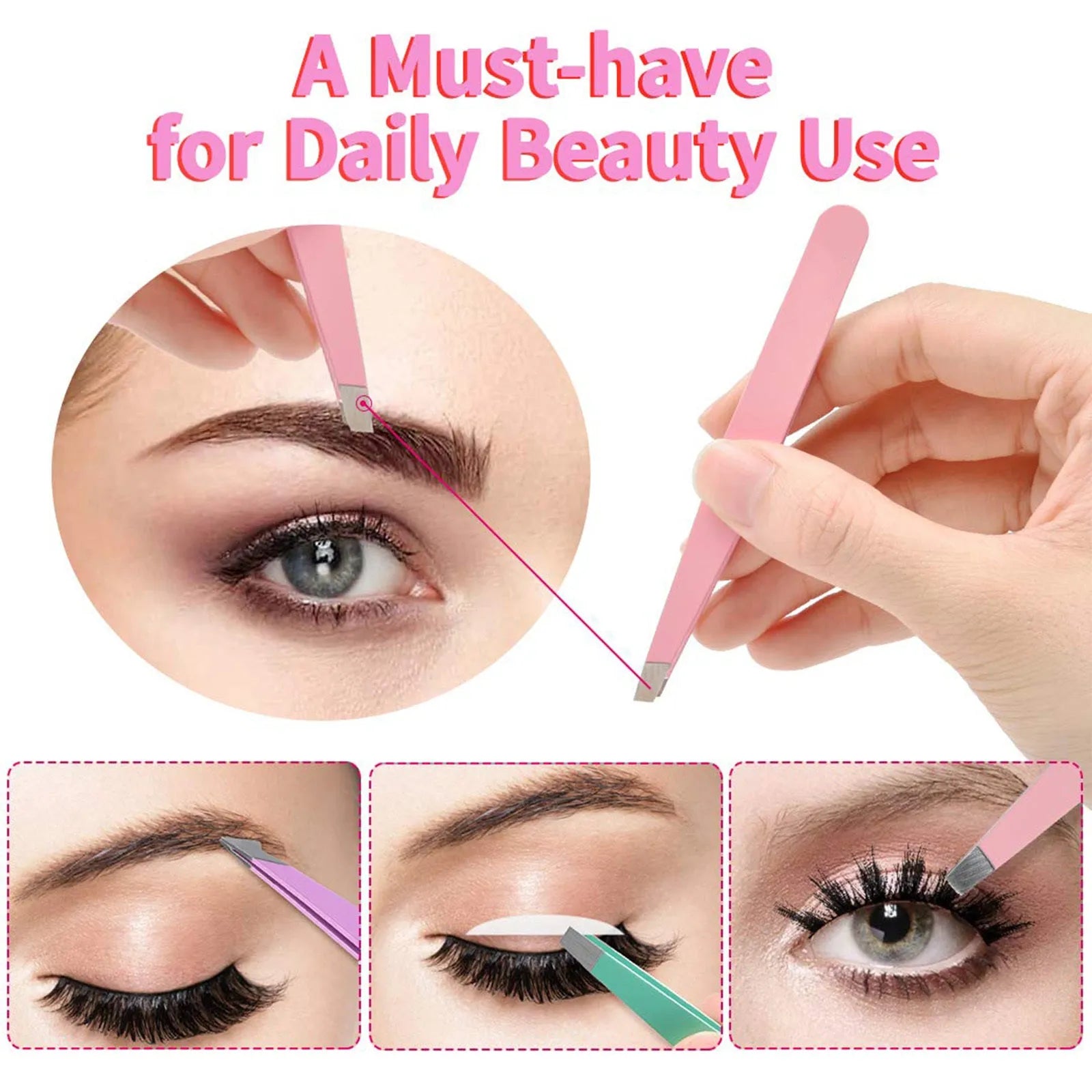 Professional 6-piece stainless steel eyebrow tweezers set with curved scissors and leather case