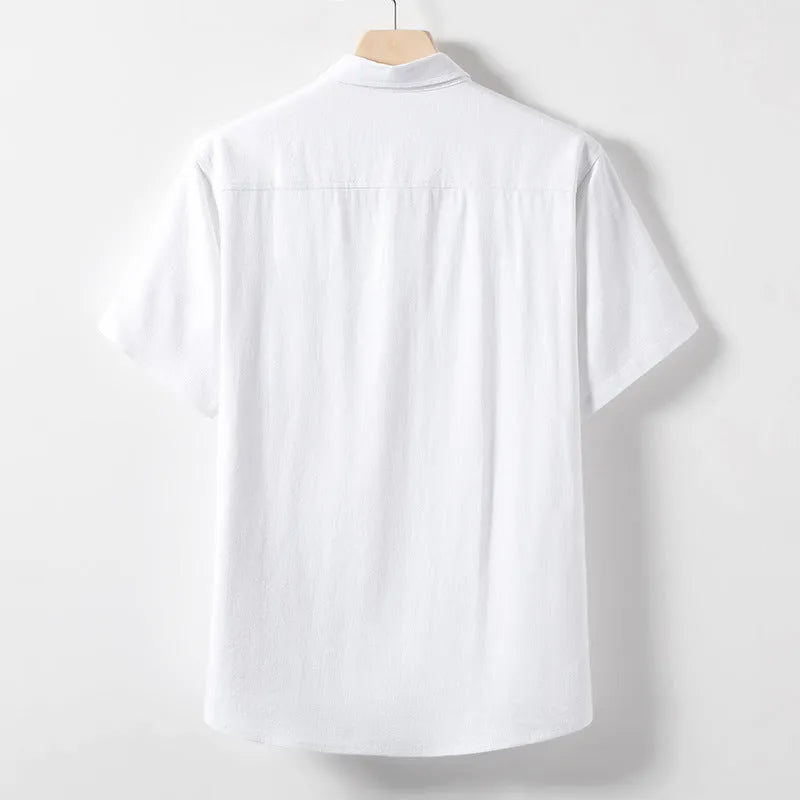 Men's linen T-shirt with loose lapel collar in hemp blend fabric showing size options