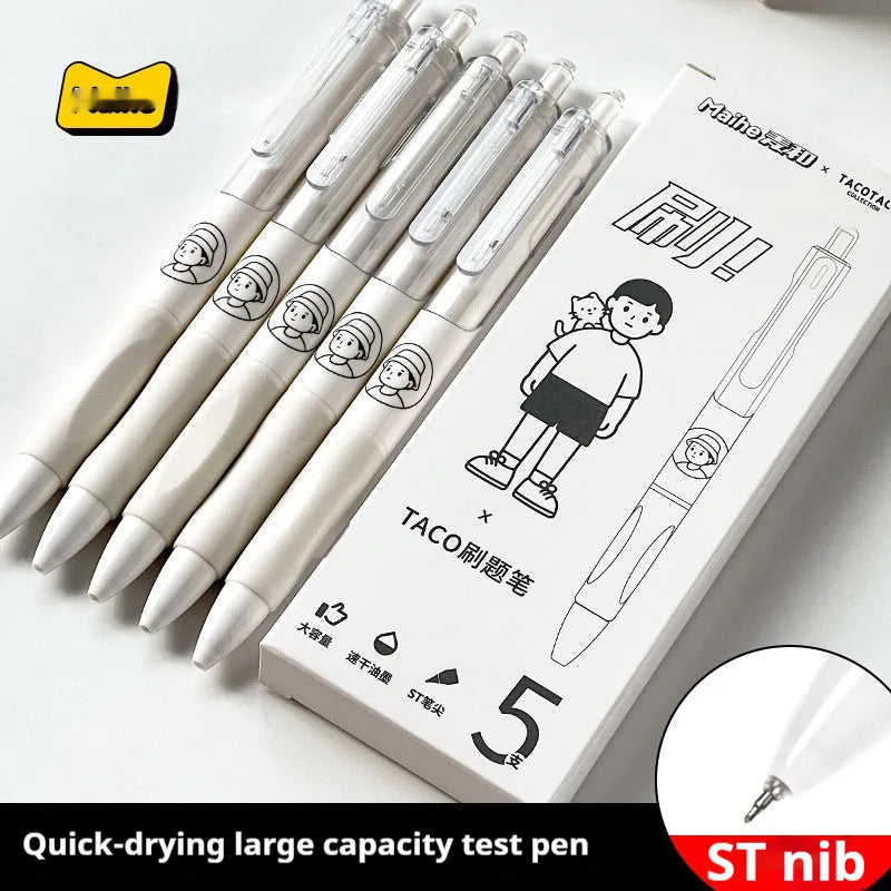 Five 0.5mm black ballpoint pens with plastic shells for student writing