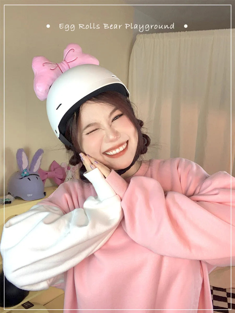 Plush bow helmet decoration with hairpin clip in red, pink, or peach pink for motorcycle and ski helmets.