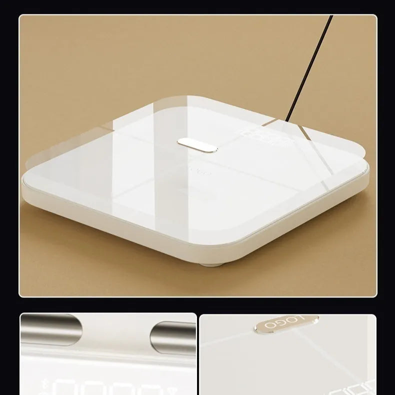 White tempered glass body fat scale with 8 electrodes and LED display showing weight measurement