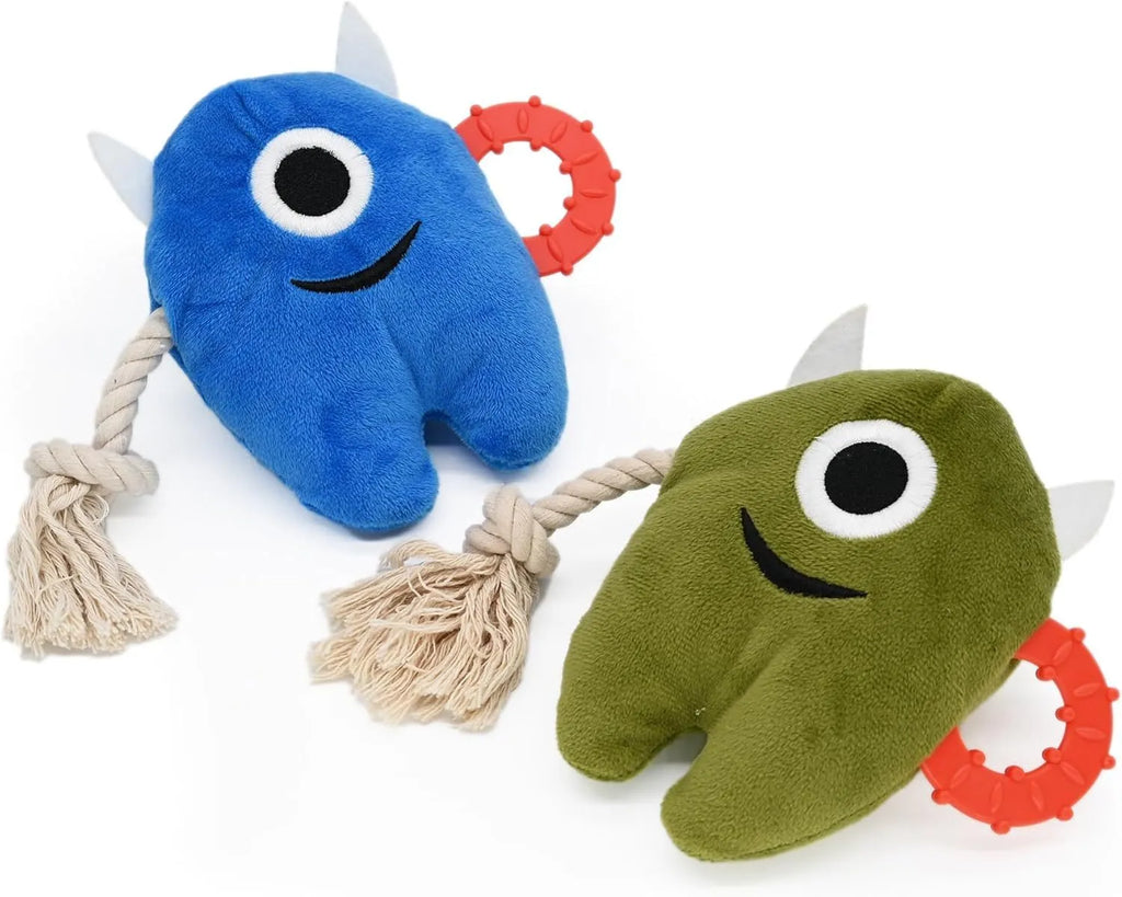 Blue and green plush monster dog toy with integrated cotton rope tug section