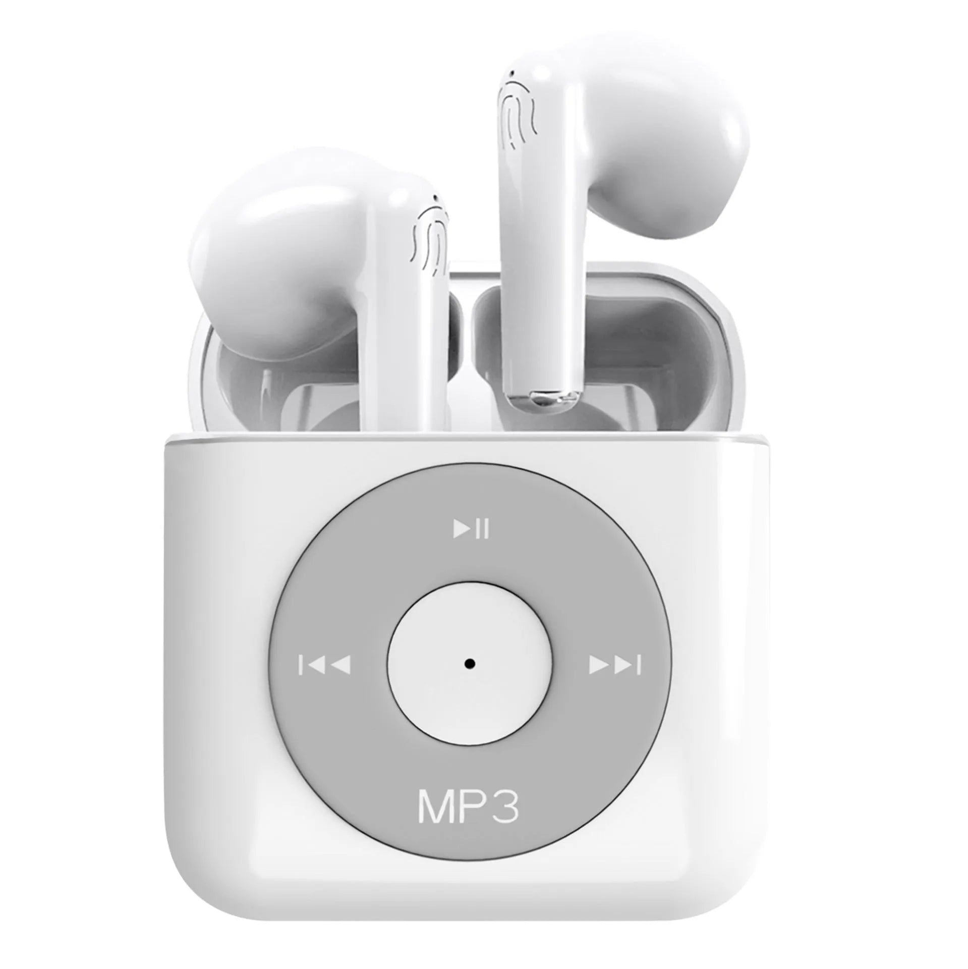 White wireless Bluetooth earphones with semi in-ear design and a matching charging case on a table.