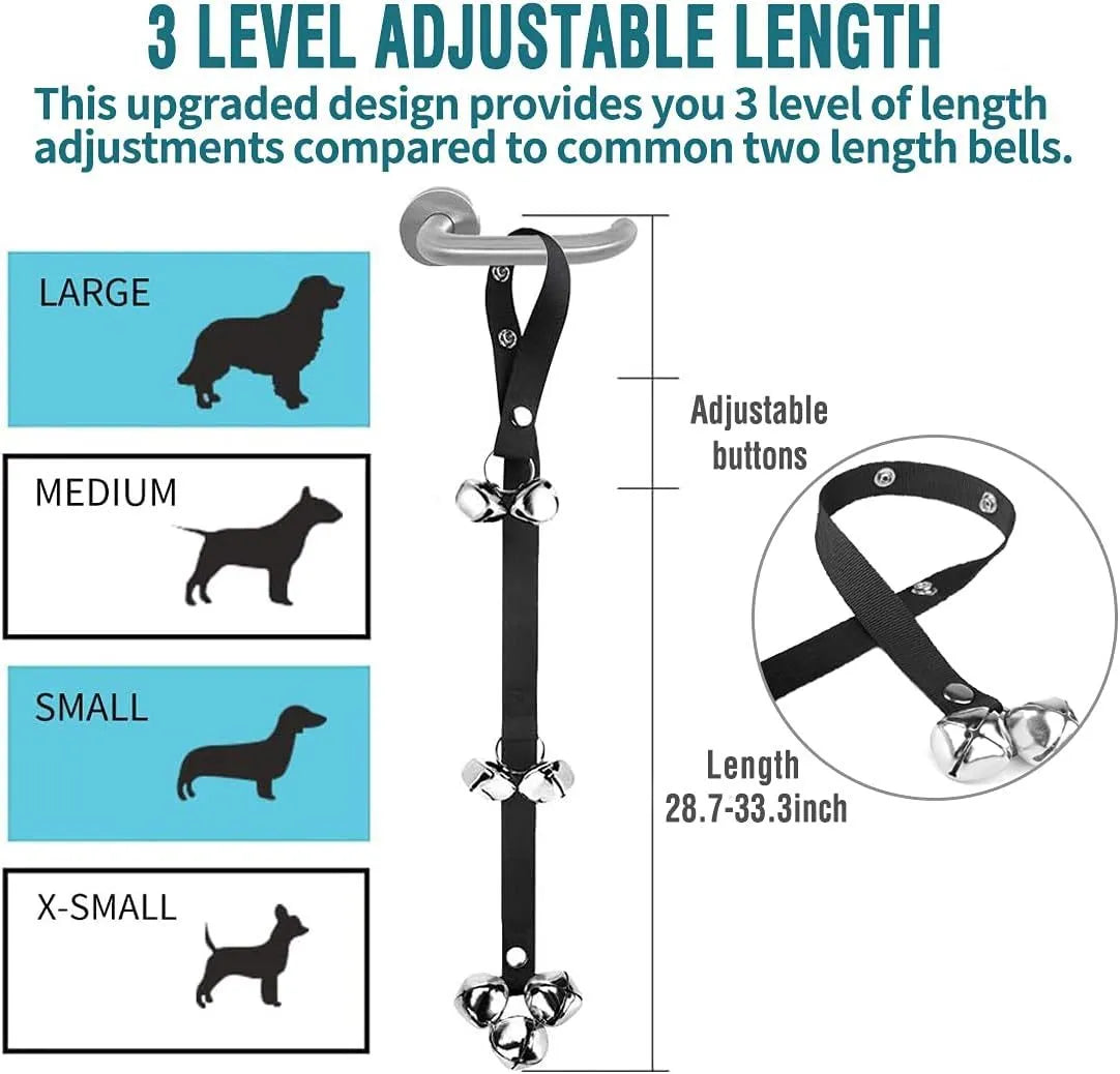 Dog training doorbell with several silver metal bells hanging from an adjustable nylon leash.