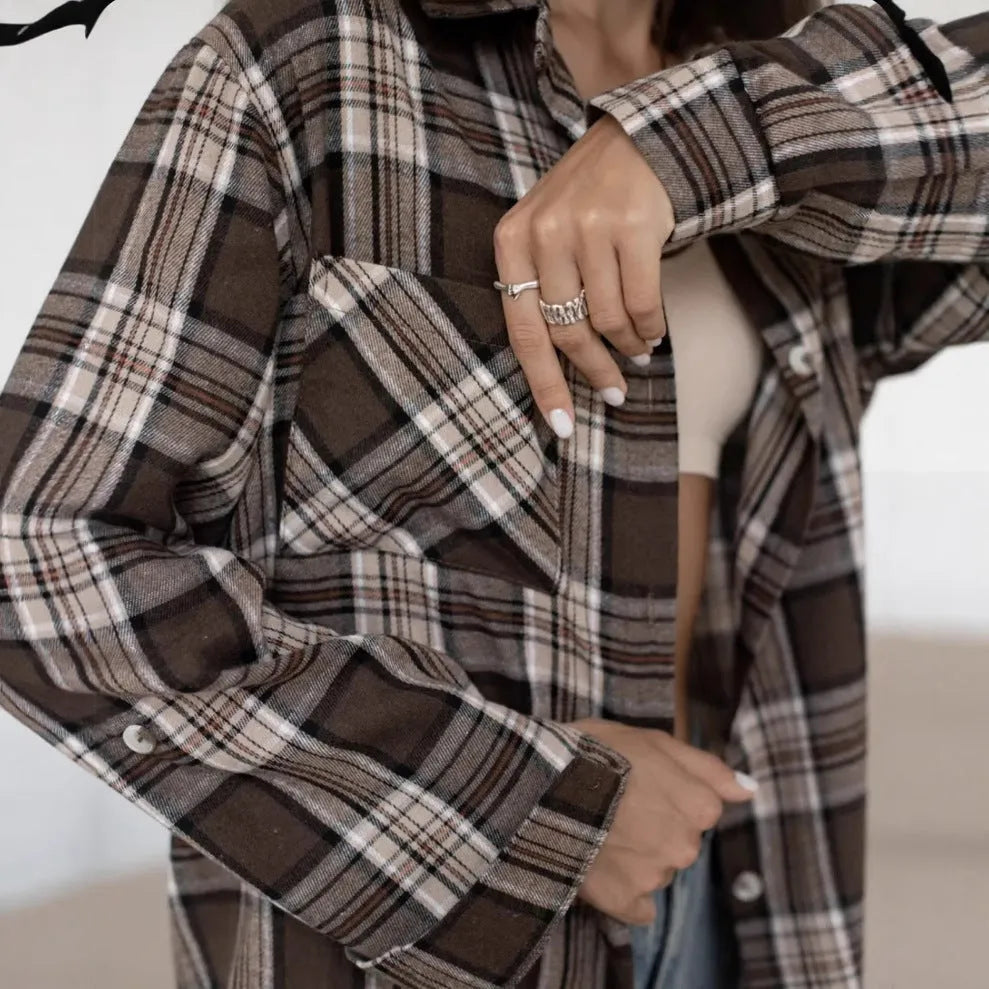 Dark brown retro striped women's shirt with long sleeves and Trueran cotton fabric