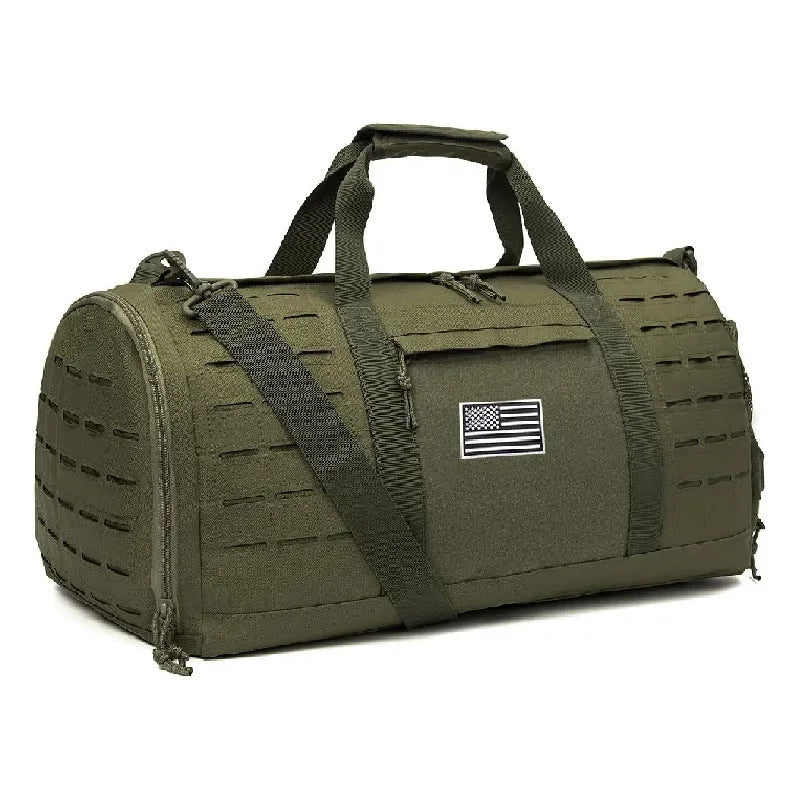Men's army green waterproof Oxford cloth sports travel handbag with air pillow shoulder strap.