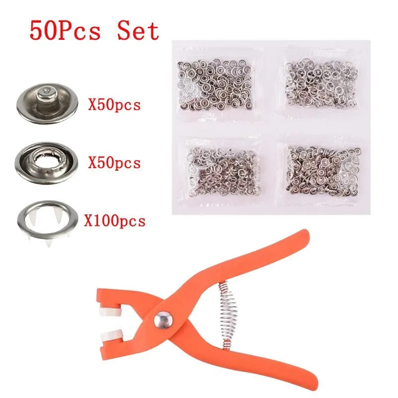Stainless steel five claw no-sew suit buttons and application pliers for children's clothing.