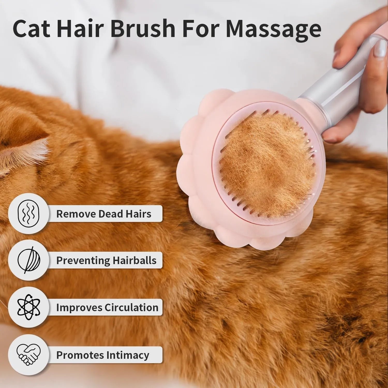 Grey spray cat grooming brush with self-cleaning button and stainless steel bristles on a white background