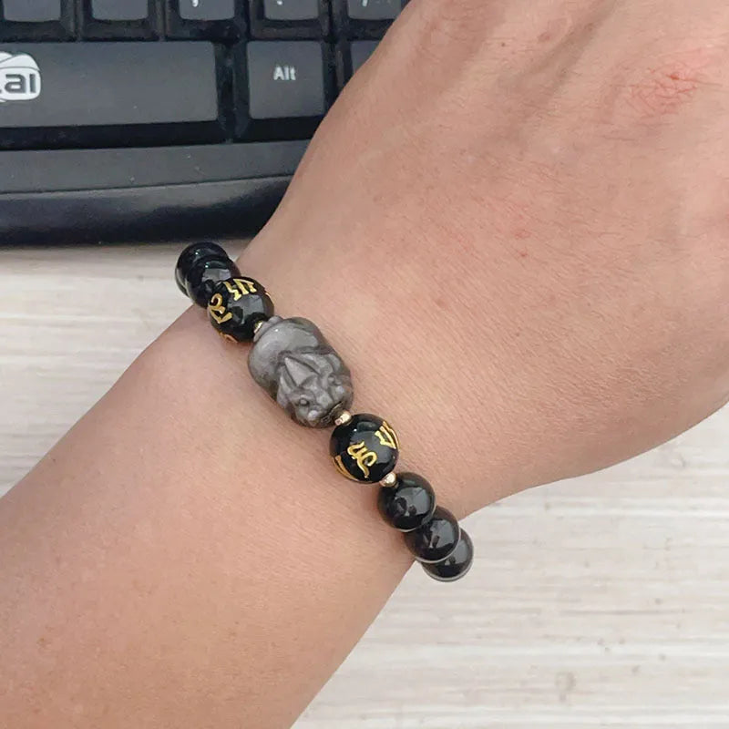 Men's natural silver stone bracelet with Chinese style design and zodiac anniversary beads