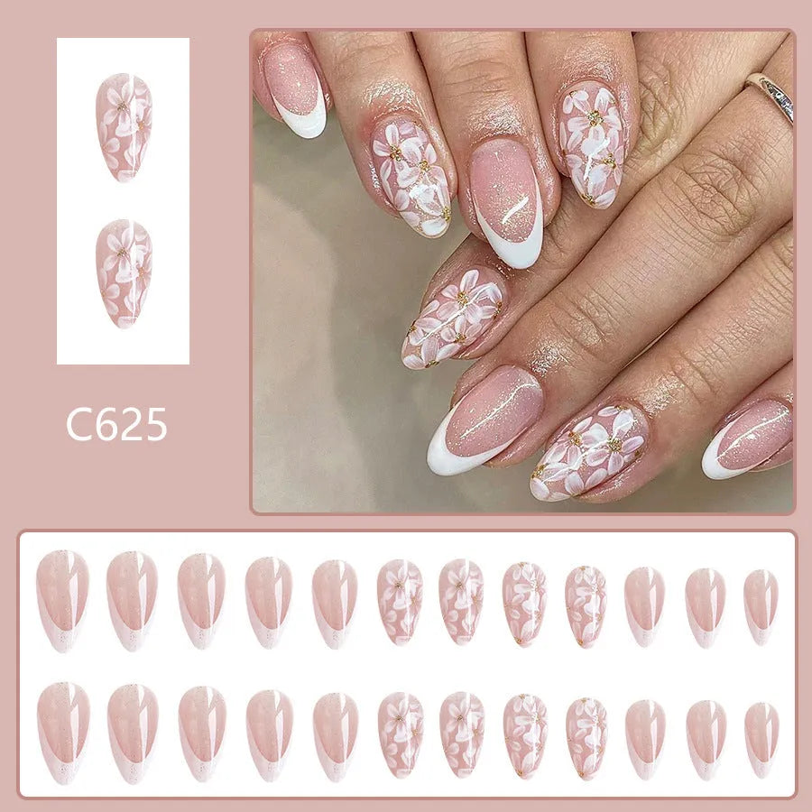 C625 short almond shaped false nails with French style glittering powder flower design