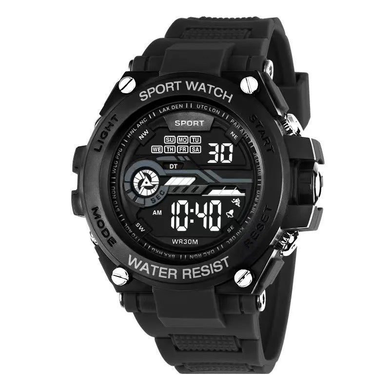 Digital electronic watch with a silicone strap shown in multiple colour options for teenagers and students.