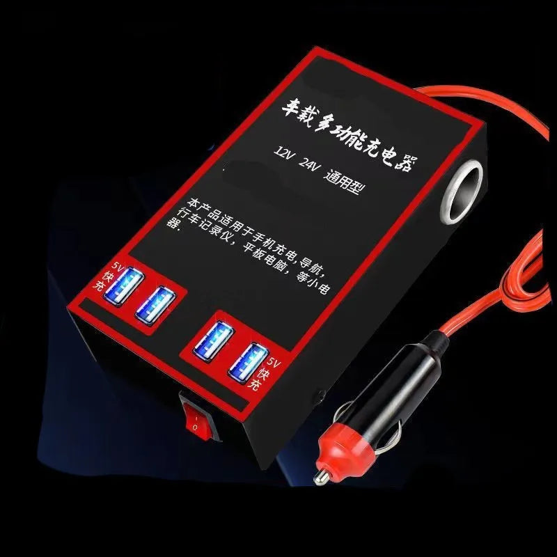 Black car power converter converting 12V/24V to 220V with socket and USB ports