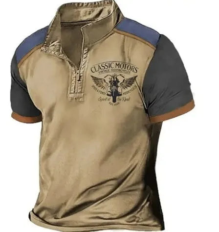 Men's solid colour loose fit golf polo shirt made from bird eye cloth, showing digital print detail.