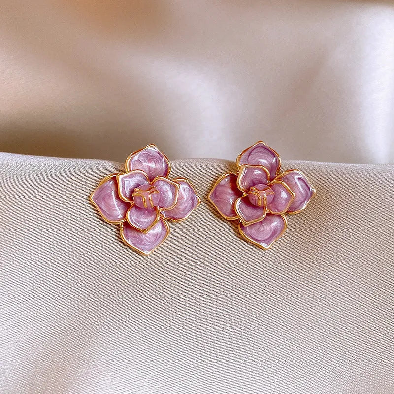 Golden-purple oil-spot glaze flower stud earrings with gold plating on copper material