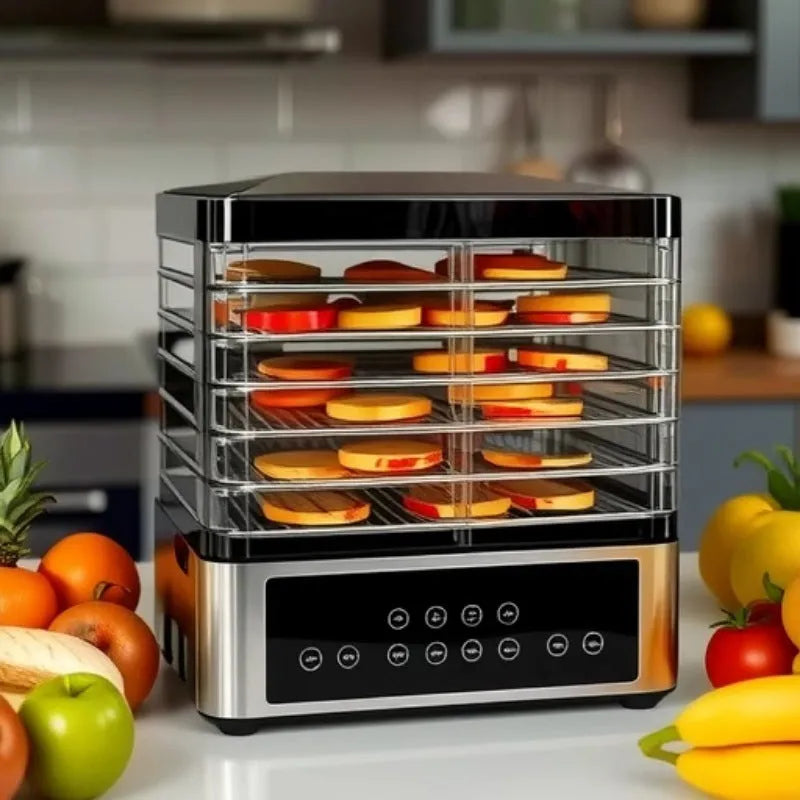 Silver stainless steel fruit dehydrator with digital temperature display and 14 litre capacity