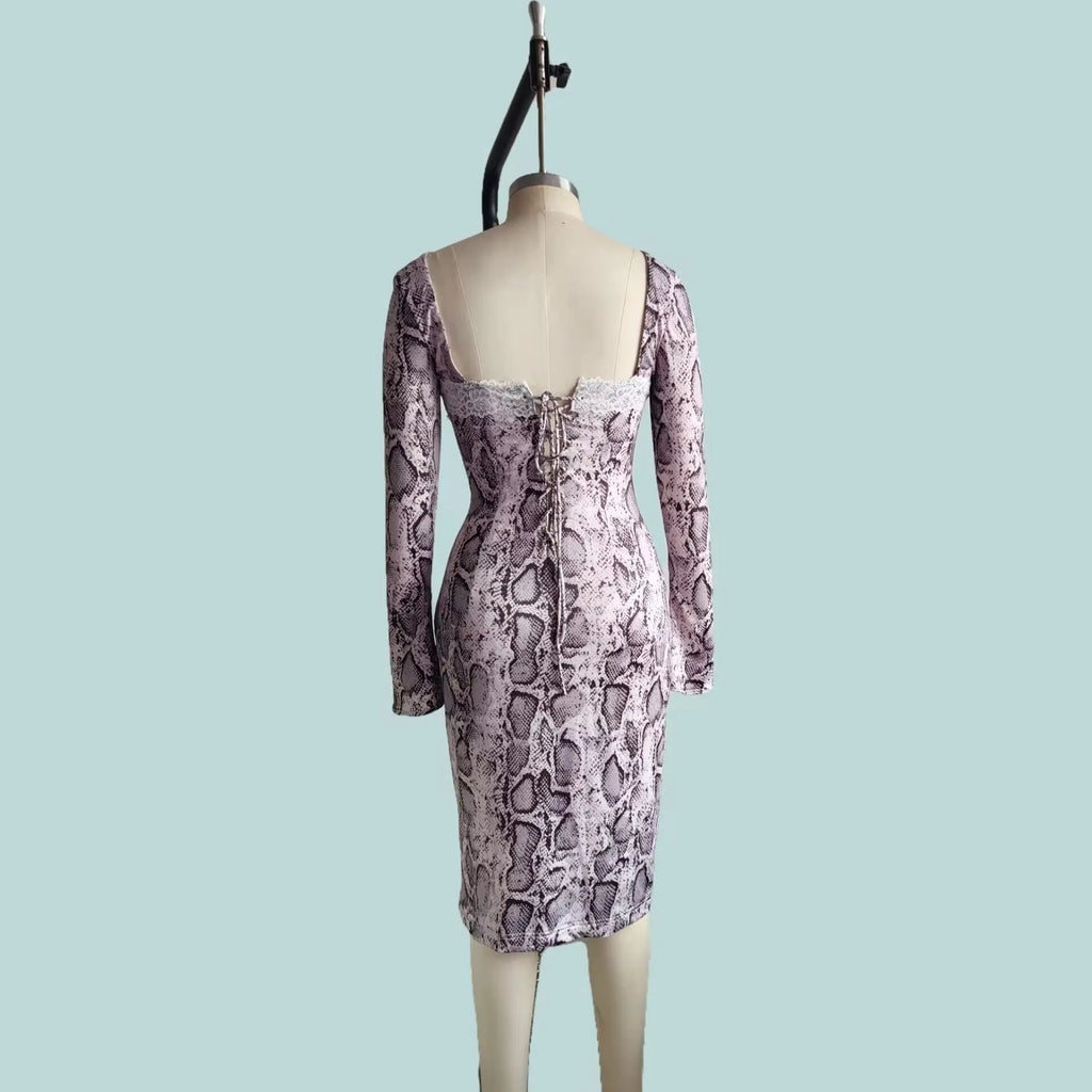 Grey slim fit lace dress with 3D digital print pattern and long sleeves on mannequin