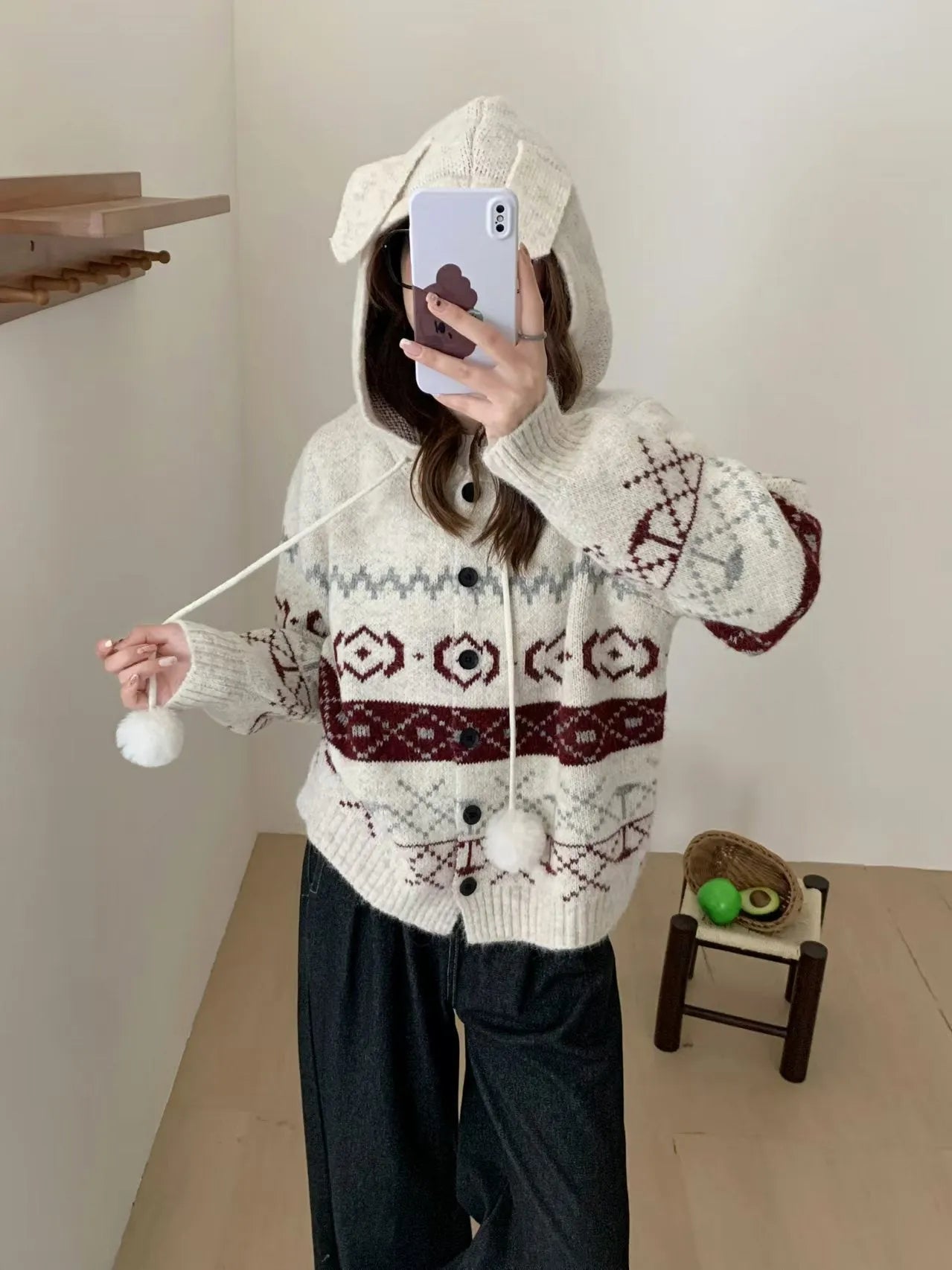 Plus size women's loose fit brocade sweater coat with geometric pattern in beige