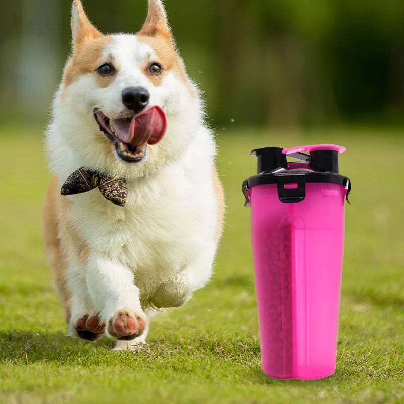 Portable pet water and food cup with two compartments showing water and food storage sections