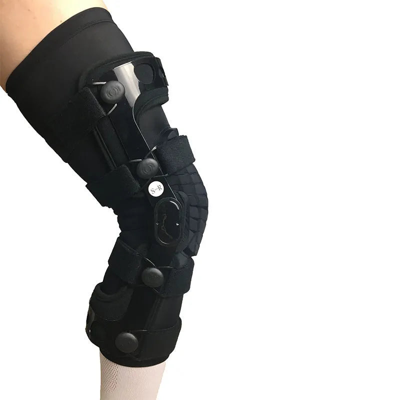 Black anterior ligament knee pad with visible straps and metal splints on a white background.