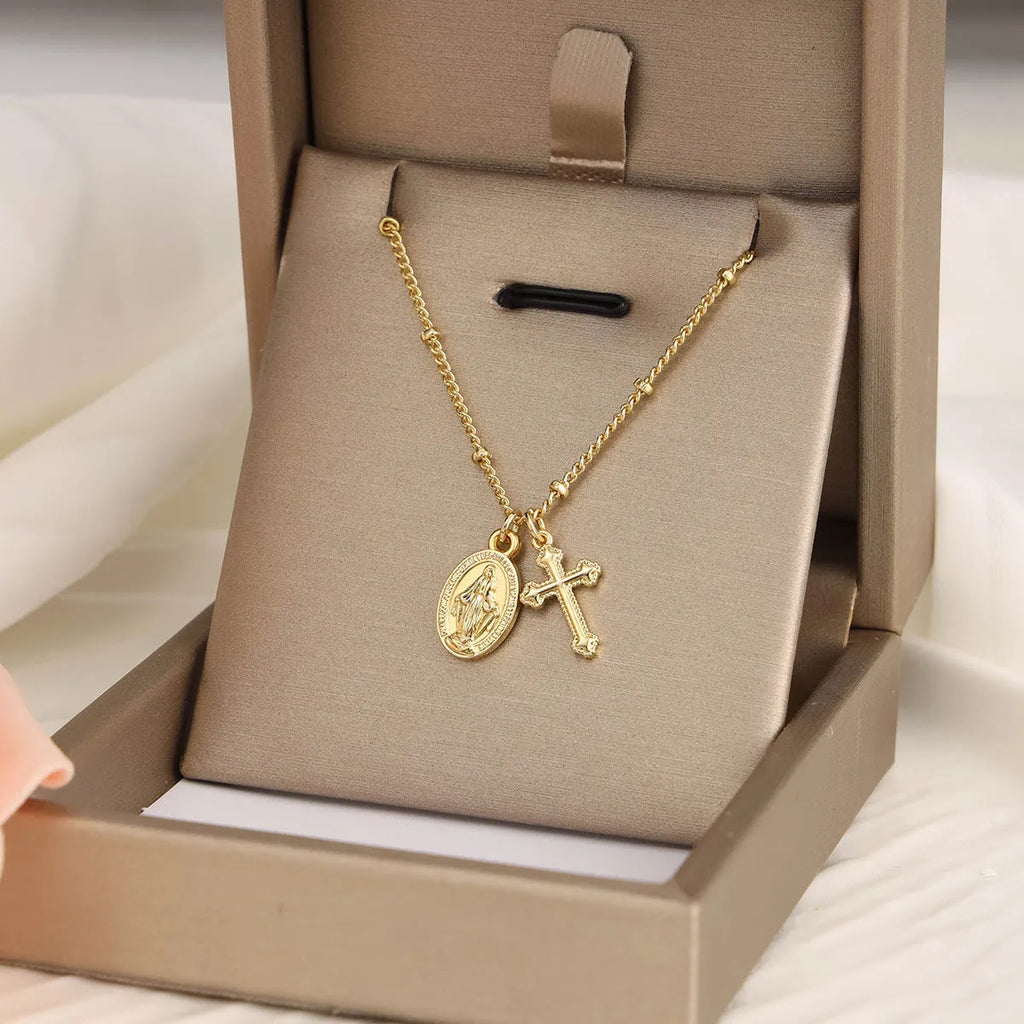 Geometric cross Virgin Mary necklace in 18K gold colour for women